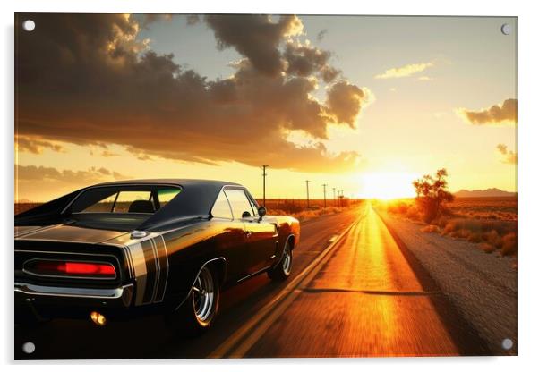 A muscle car driving into the sunset. Acrylic by Michael Piepgras