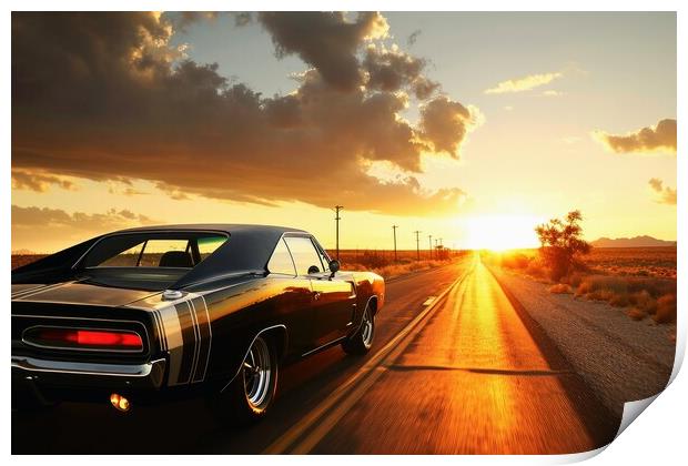 A muscle car driving into the sunset. Print by Michael Piepgras