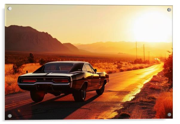 A muscle car driving into the sunset. Acrylic by Michael Piepgras