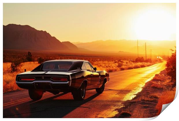 A muscle car driving into the sunset. Print by Michael Piepgras