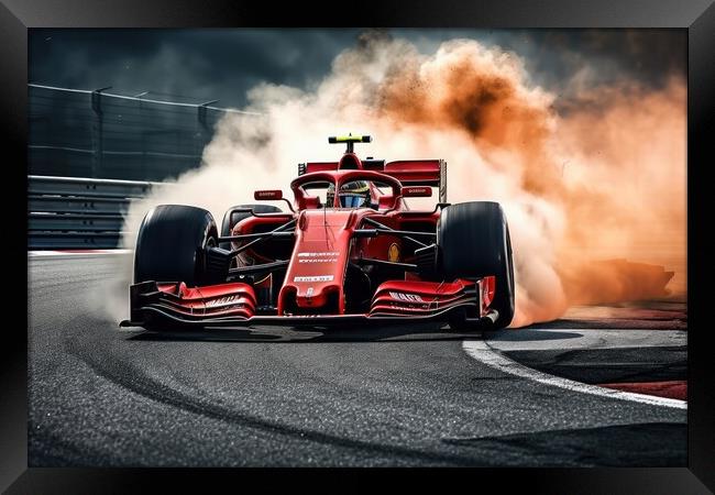 A red hot racing car burning rubber on the asphalt dominating th Framed Print by Michael Piepgras