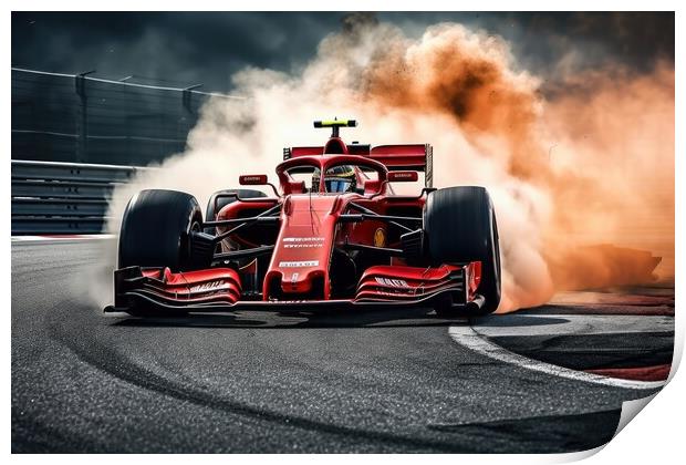 A red hot racing car burning rubber on the asphalt dominating th Print by Michael Piepgras