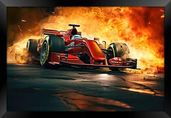 A red hot racing car burning rubber on the asphalt dominating th Framed Print by Michael Piepgras