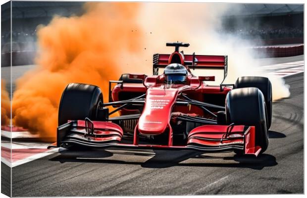 A red hot racing car burning rubber on the asphalt dominating th Canvas Print by Michael Piepgras