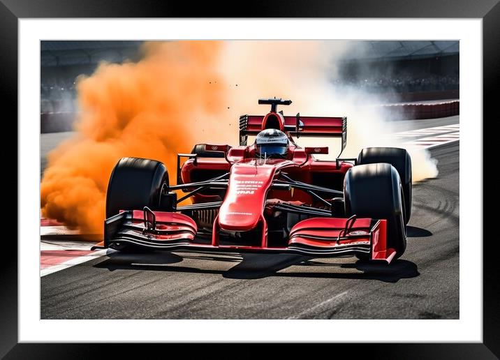 A red hot racing car burning rubber on the asphalt dominating th Framed Mounted Print by Michael Piepgras