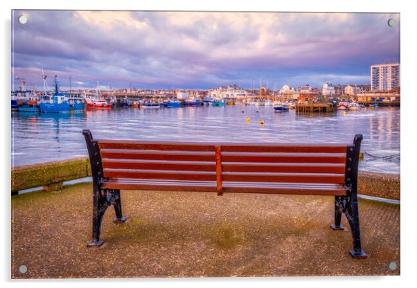 A Bench with a View: Bridlington Harbour Acrylic by Tim Hill