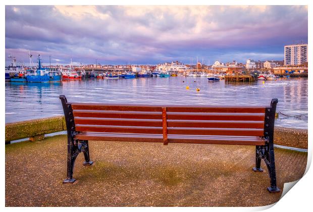 A Bench with a View: Bridlington Harbour Print by Tim Hill