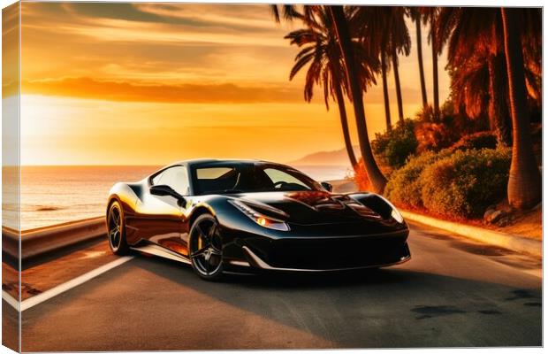A sleek and powerful sports car racing down a scenic coastal roa Canvas Print by Michael Piepgras