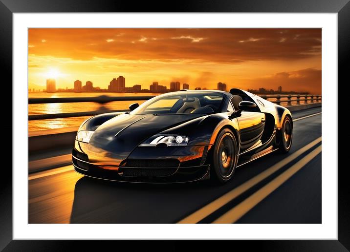 A sleek and powerful sports car racing down a scenic coastal roa Framed Mounted Print by Michael Piepgras