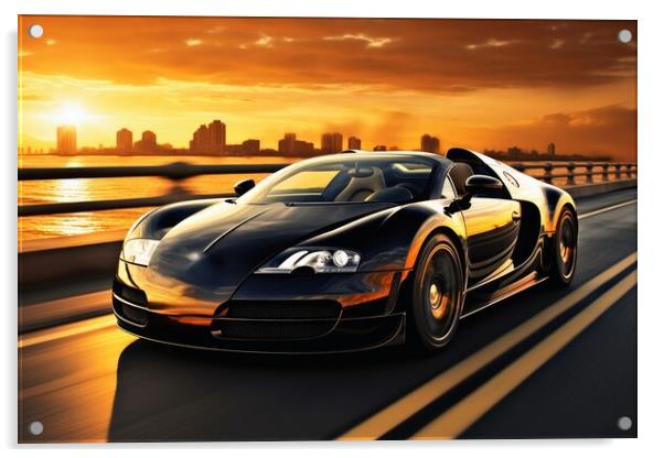 A sleek and powerful sports car racing down a scenic coastal roa Acrylic by Michael Piepgras