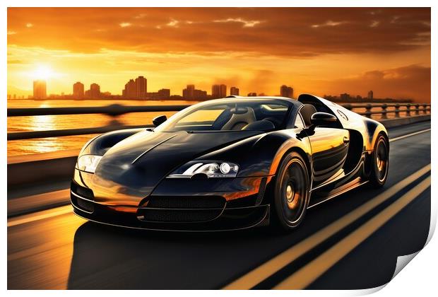 A sleek and powerful sports car racing down a scenic coastal roa Print by Michael Piepgras