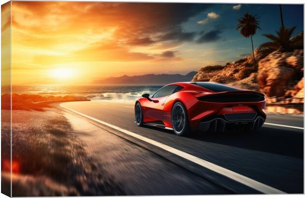 A sleek and powerful sports car racing down a scenic coastal roa Canvas Print by Michael Piepgras