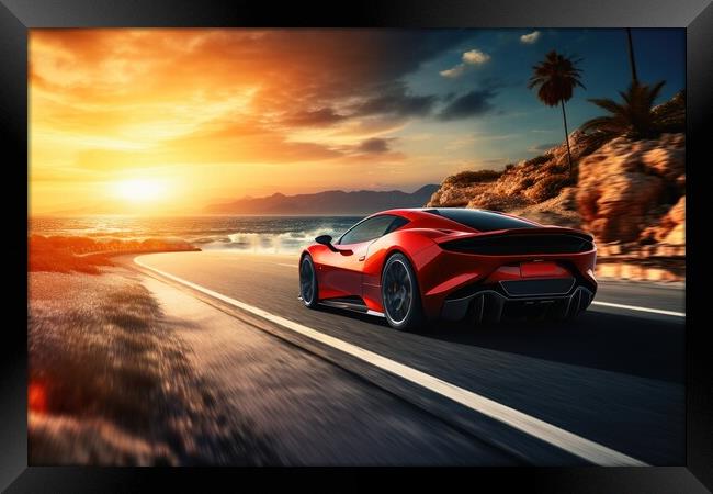 A sleek and powerful sports car racing down a scenic coastal roa Framed Print by Michael Piepgras