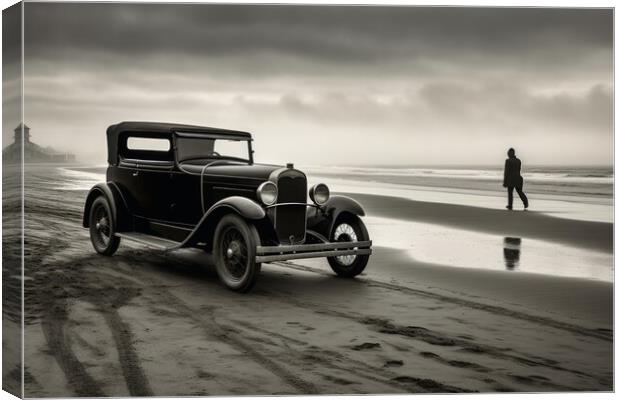 A vintage car arriving at a lonely beach. Canvas Print by Michael Piepgras