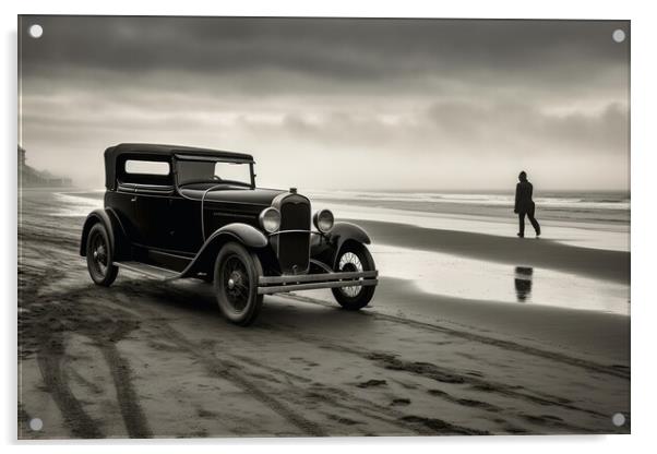 A vintage car arriving at a lonely beach. Acrylic by Michael Piepgras