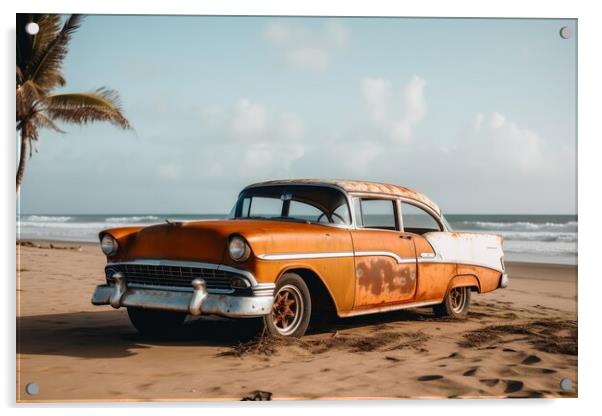 A vintage car arriving at a lonely beach. Acrylic by Michael Piepgras