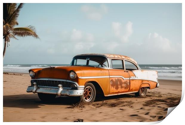 A vintage car arriving at a lonely beach. Print by Michael Piepgras