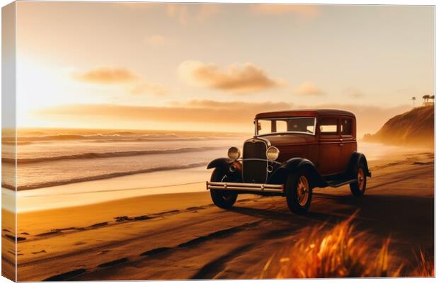 A vintage car arriving at a lonely beach. Canvas Print by Michael Piepgras