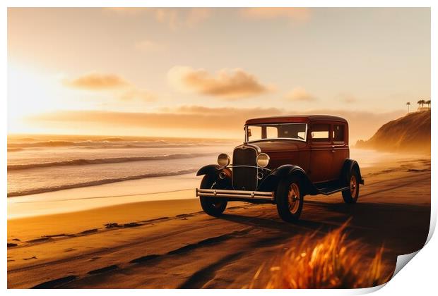 A vintage car arriving at a lonely beach. Print by Michael Piepgras