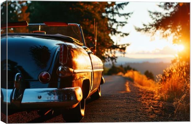A vintage car driving into the sunset. Canvas Print by Michael Piepgras