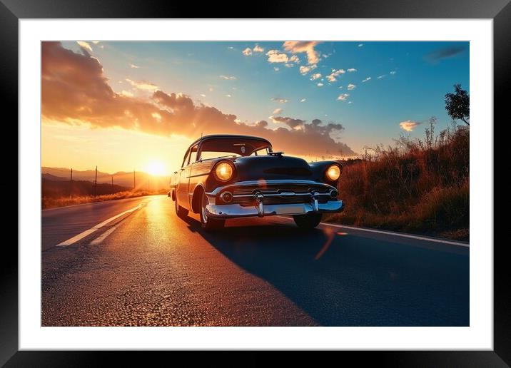 A vintage car driving into the sunset. Framed Mounted Print by Michael Piepgras