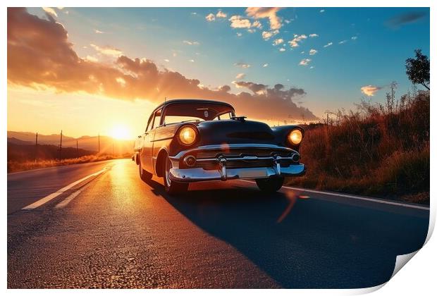 A vintage car driving into the sunset. Print by Michael Piepgras