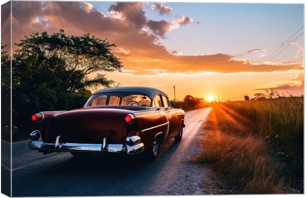 A vintage car driving into the sunset. Canvas Print by Michael Piepgras