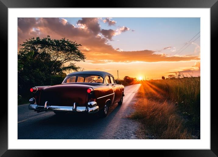 A vintage car driving into the sunset. Framed Mounted Print by Michael Piepgras