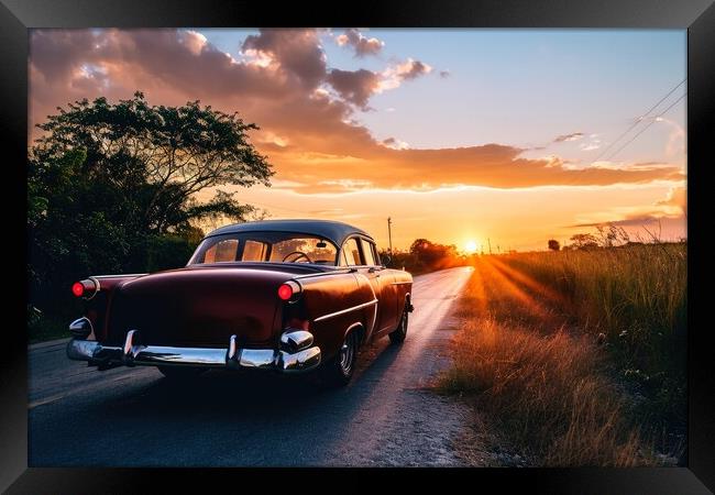 A vintage car driving into the sunset. Framed Print by Michael Piepgras