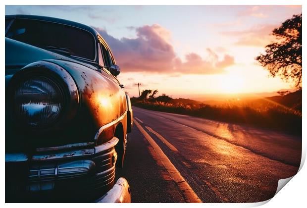 A vintage car driving into the sunset. Print by Michael Piepgras