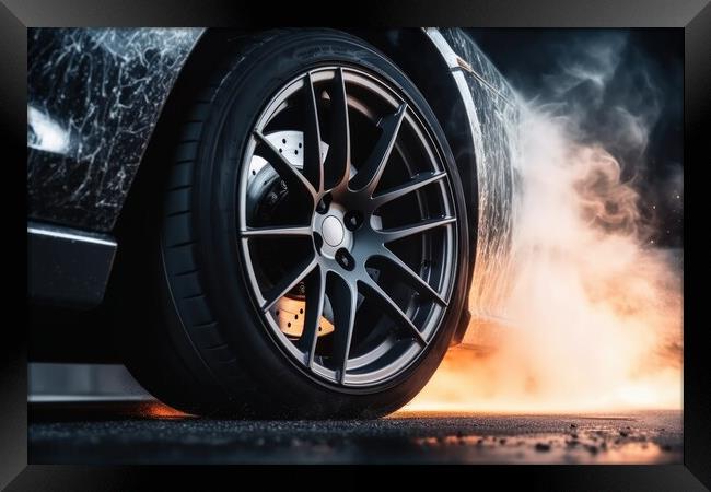 A wheel of a sports car spinning fast and producing smoke. Framed Print by Michael Piepgras