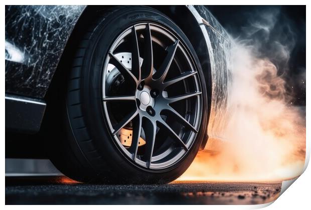 A wheel of a sports car spinning fast and producing smoke. Print by Michael Piepgras