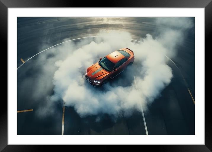 Aerial view of a sports car making donuts. Framed Mounted Print by Michael Piepgras