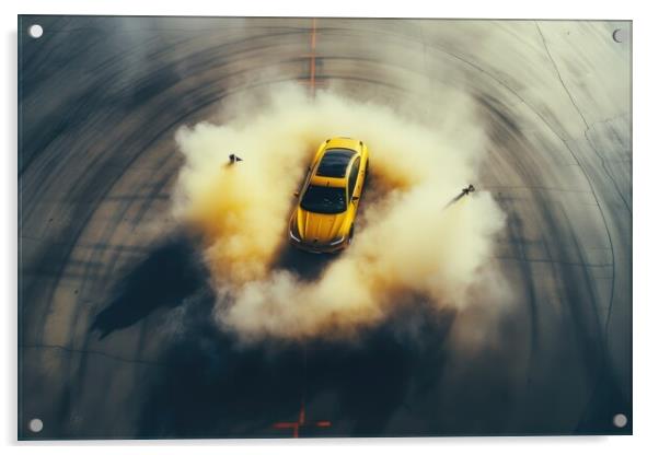 Aerial view of a sports car making donuts. Acrylic by Michael Piepgras
