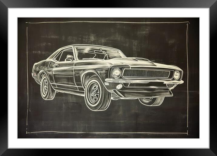 Chalk drawing of a muscle car on a blackboard. Framed Mounted Print by Michael Piepgras