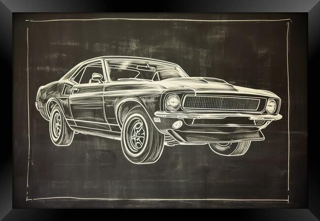 Chalk drawing of a muscle car on a blackboard. Framed Print by Michael Piepgras