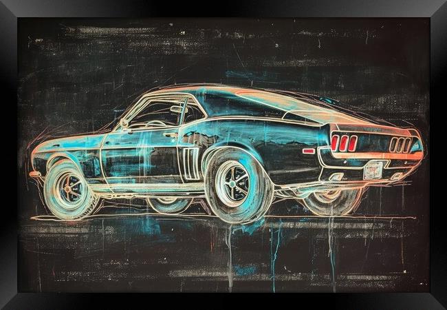 Chalk drawing of a muscle car on a blackboard. Framed Print by Michael Piepgras