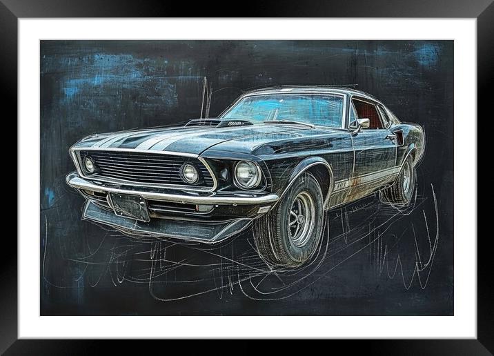 Chalk drawing of a muscle car on a blackboard. Framed Mounted Print by Michael Piepgras