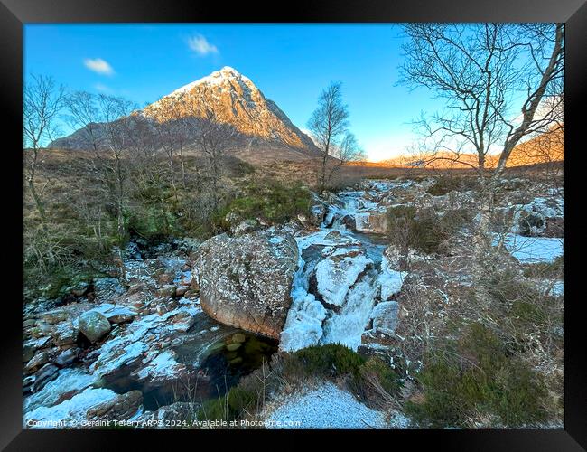 Buachaille Etive Mor and river Coupall in winter, Rannoch Moor, Highlands Scotland Framed Print by Geraint Tellem ARPS