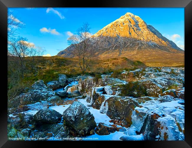 Buachaille Etive Mor and river Coupall in winter, Rannoch Moor, Highlands Scotland Framed Print by Geraint Tellem ARPS