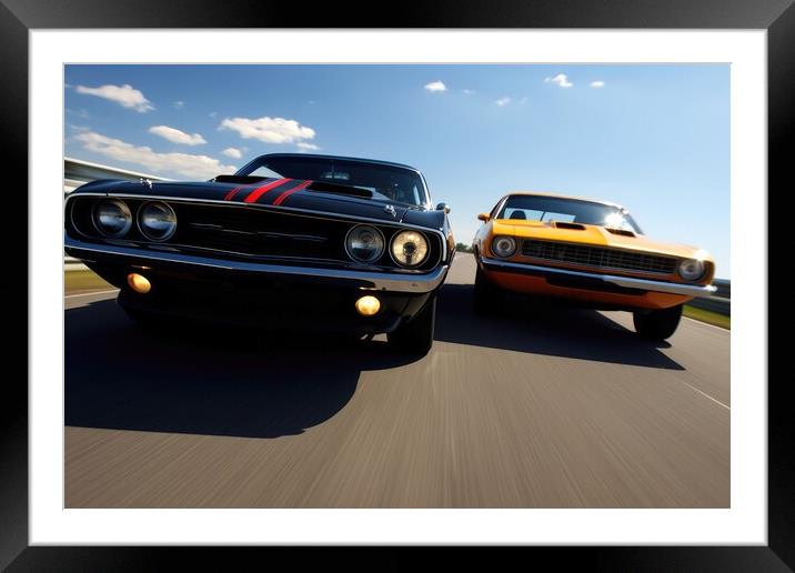 Doing a race with a another muscle car in a close up view. Framed Mounted Print by Michael Piepgras