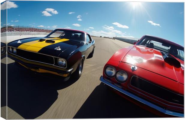 Doing a race with a another muscle car in a close up view. Canvas Print by Michael Piepgras