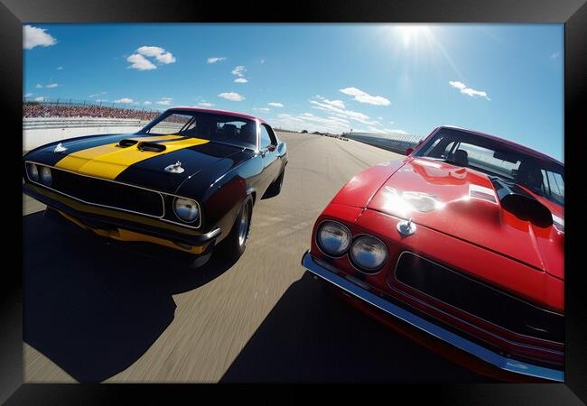 Doing a race with a another muscle car in a close up view. Framed Print by Michael Piepgras