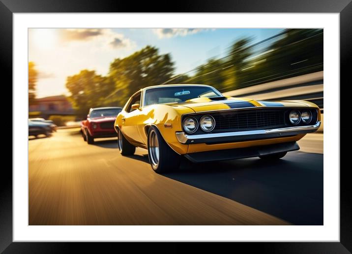 Doing a race with a another muscle car in a close up view. Framed Mounted Print by Michael Piepgras
