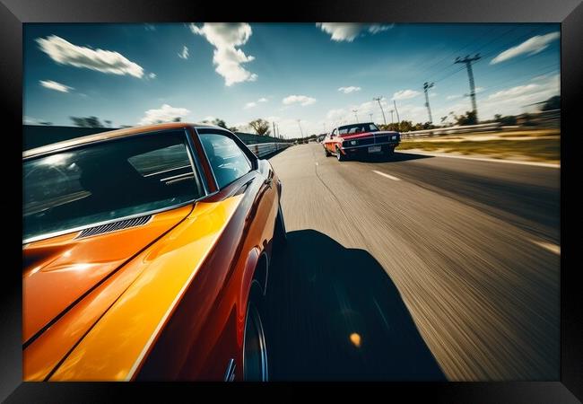 Doing a race with a another muscle car in a close up view. Framed Print by Michael Piepgras