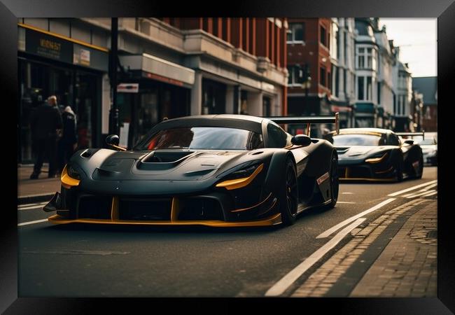 Fast cars in a race in a city centre. Framed Print by Michael Piepgras