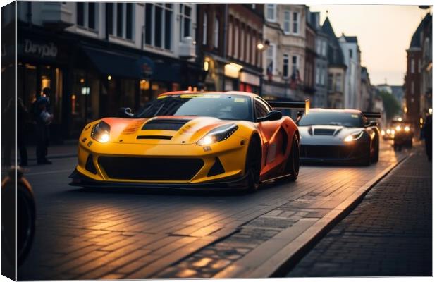 Fast cars in a race in a city centre. Canvas Print by Michael Piepgras