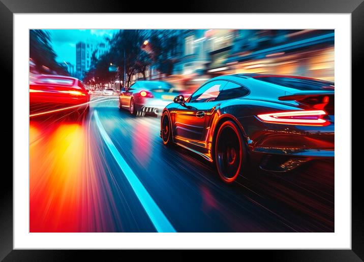Fast cars in a race on a city road. Framed Mounted Print by Michael Piepgras
