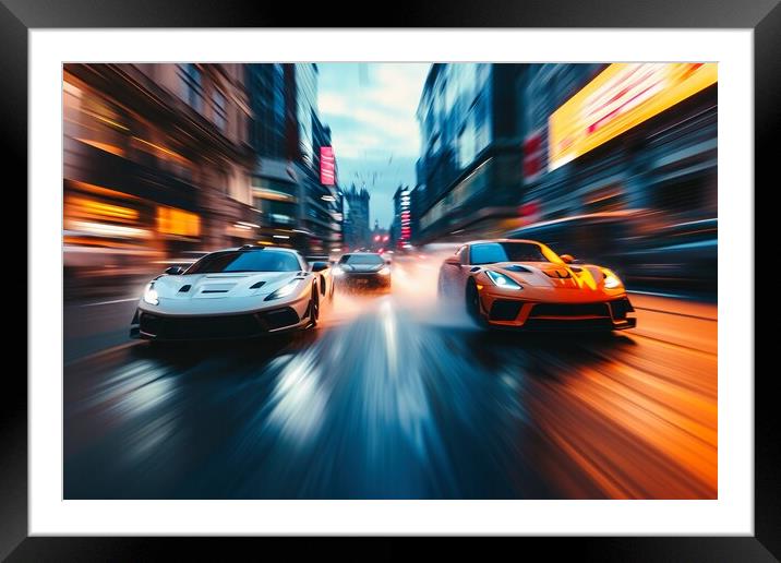 Fast cars in a race on a city road. Framed Mounted Print by Michael Piepgras
