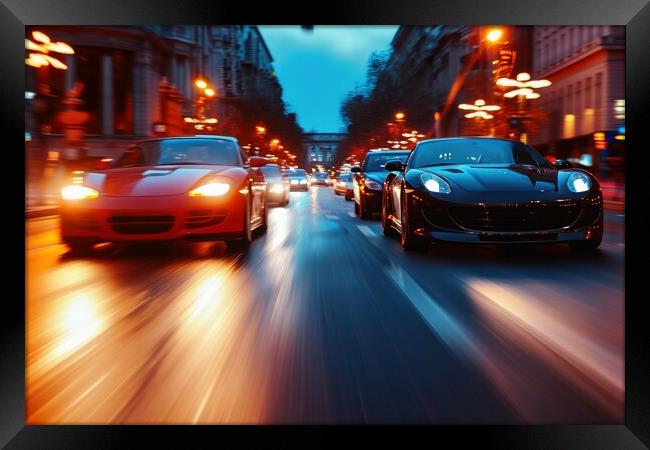 Fast cars in a race on a city road. Framed Print by Michael Piepgras